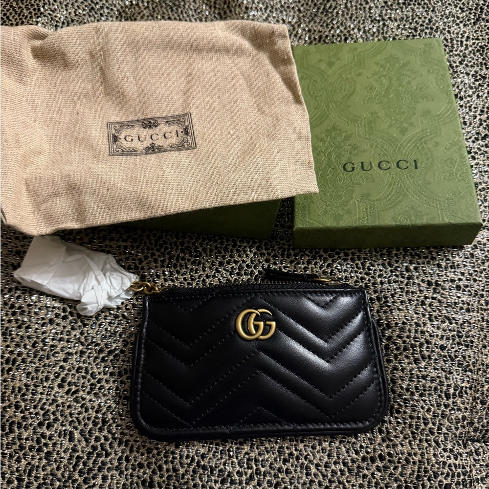 New! Gucci GG Marmont Matelassé Black Leather Card Holder Key Case